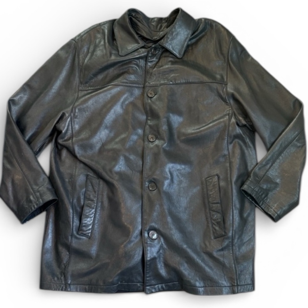 Andrew Marc Faux Leather Jacket Men's XL Black Cashmere Lined Heavy